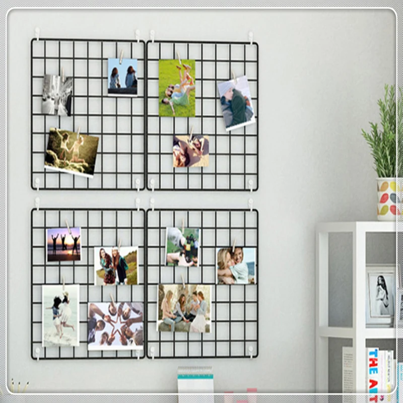

Wall Storage Shelf Organizer Ins Iron Metal Rack Mesh Photo Frame Hanging Display Frames with 10 pcs Wooden Clips for Wall Decor