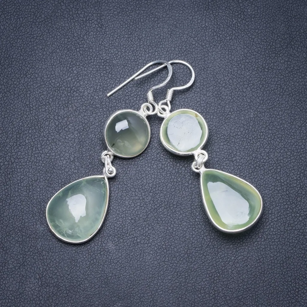

Natural Prehnite Handmade Unique 925 Sterling Silver Earrings 2" Y1813