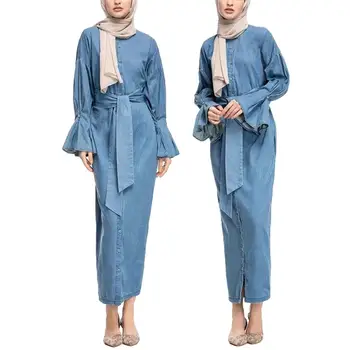 

Denim Kaftan Muslim Abaya Kimono Dubai Dress Women Robe Caftan Islamic Clothing Ramadan Fashion Flare Sleeve Single-breasted New