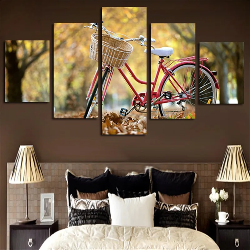

Canvas Oil Painting Home Decor Wall Art Pictures Painting For Living Room Print 5 Panel Autumn Leafs Bicycle Poster Frame .