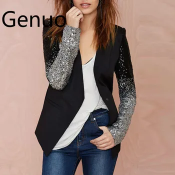 

Women Thin Jacket Coat 2019 Spring Autumn Long Sleeve Lapel Fashion Bling Silver Black Sequin Elegant Work Blazers Suit feminino