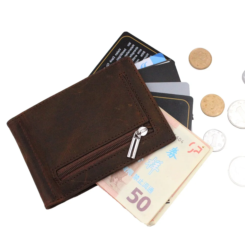 

New Vintage Men's Genuine Leather Wallet Small Purse Slim Card Case Slim Holder for Money Cash Metal Clamp