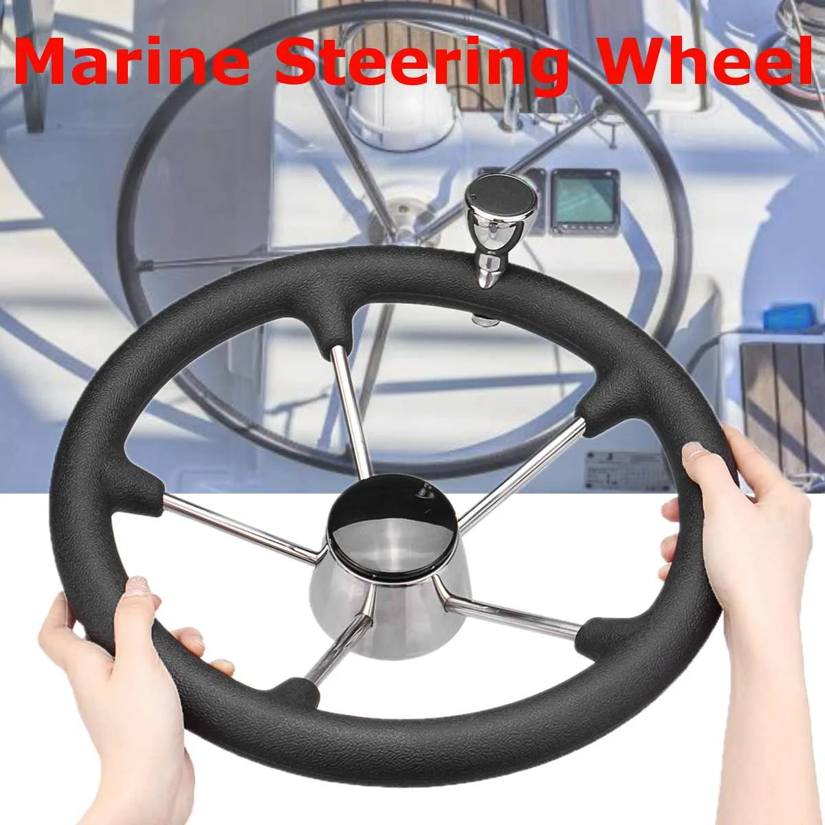 

13-1/2 5 Spoke Boat Marine Destroyer Steering Wheel with Black Foam Grip Knob Fits Standard 3/4" (1.91cm) Tapered Shaft Polished