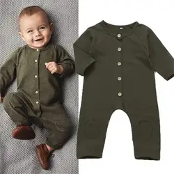 Для новорожденных мальчиков и девочек модная одежда с длинными рукавами хлопок o-образным вырезом пряжки сплошной цвет милый комбинезон