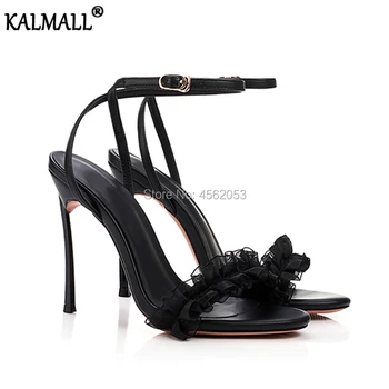 

KALMALL Black White Lace Ruffled Party Wedding Shoes Female Sexy Open Toe Summer Sandles Buckle Strap High Heels Sandals Women