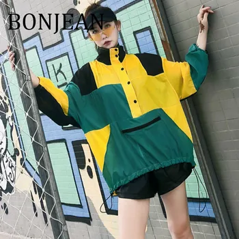 

BONJEAN Patchwork Shirt for Women 2018 Autumn Tops & Tees Long Sleeve Sun-Protection Shirt Button Decoration Loose T Shirt BJ432