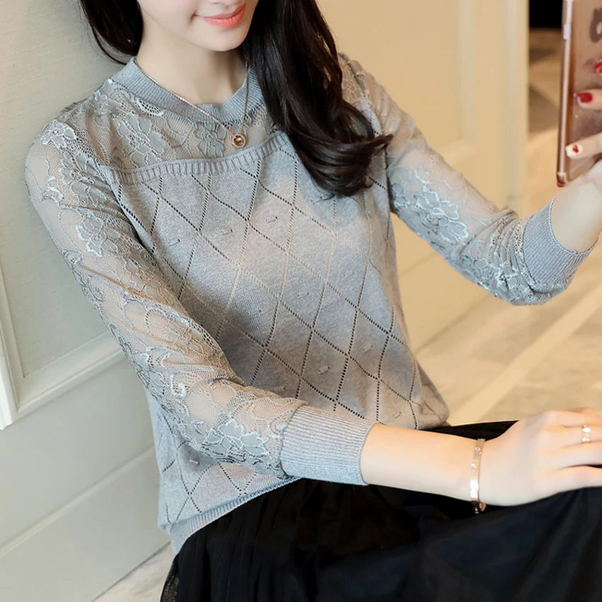 

Sweater Women 2019 Spring Autumn Sexy Hollow Out Lace Knitted Pullovers Casual O-neck Long Sleeve Sweaters Pull Femme