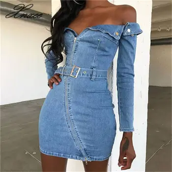 

Off Shoulder Sashes Cotton Sexy Denim Dress Long Sleeve Strapless Mini Autumn Dress Zipper Backless Party Dress Women