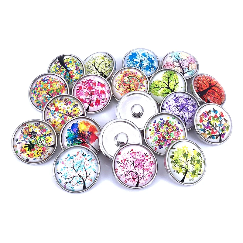 

20pcs/lot 18mm 20mm The Life of Tree Pattern Glass Cabochon Snap Buttons for DIY Snaps Bracelet Necklace Charm Findings N013