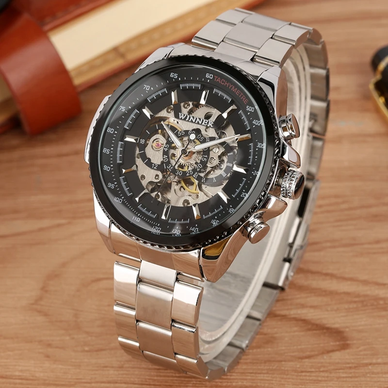 

WINNER Top Brand Luxury Men Auto Mechanical Watch Skeleton Design Stainless Steel Band Clock Classic Wristwatch erkek kol saati