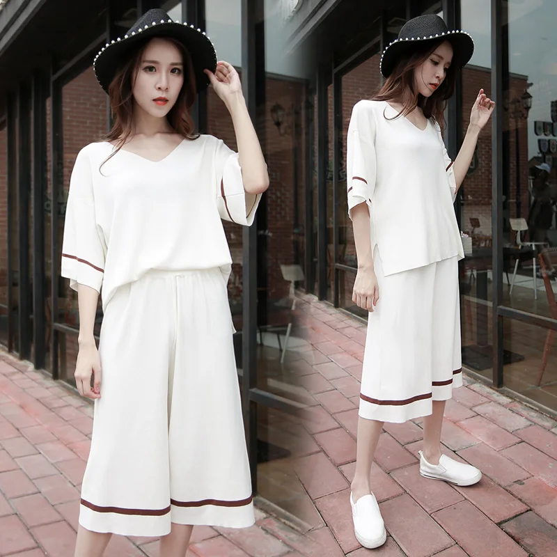 

2019 summer maternity knitting clothes set soft v-neck sweater+wide-legged pants plus size pregnant women pants suits twinset