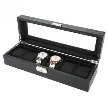 

Luxury Quartz Watch 6 Grids PU Carbon Fiber Leather Watch Fashion Wristwatch Display Case Jewelry Gift Storage Box