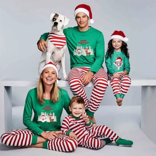 

New Festival Family Matching Kids Mom Dad Christmas Pajamas Sets Striped Cartoon Print Xmas Cute Sleepwear Nightwear