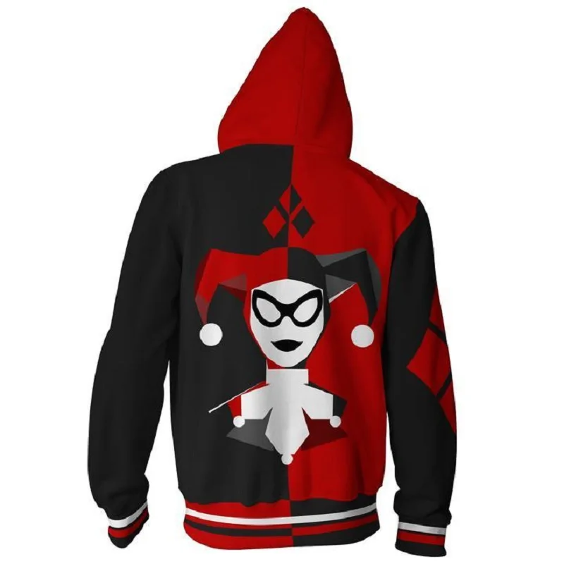 Мужская толстовка на молнии с 3D принтом Harley Quinn черная и Красная в стиле аниме