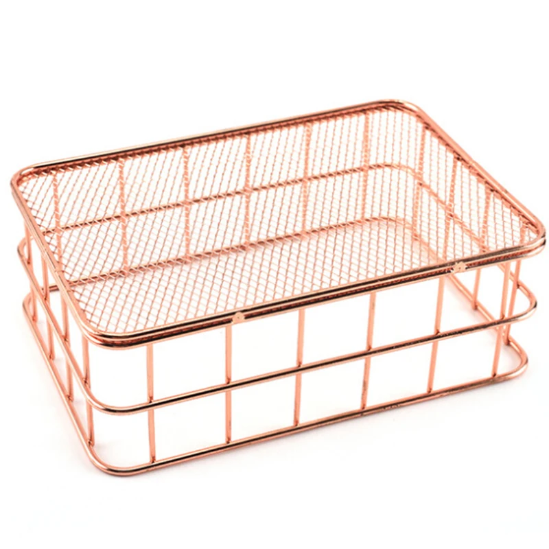 Modern Copper Iron Rose Gold Wire Mesh Storage Basket Kitchen Bedroom