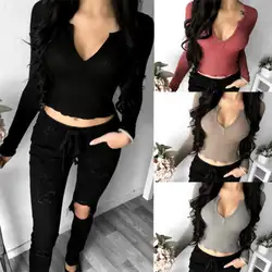 Новые женские V-Neck Crop дамы с длинным рукавом Простые короткие стрейч Топ 6-14