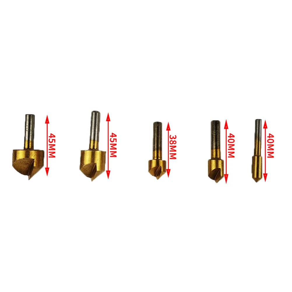 5 Pcs Hex Shank Titanium Plated Five-edge Chamfering Knife Reaming Chamfering Machine 6/10/13/16/19mm Wood Boring Drill Sleeve