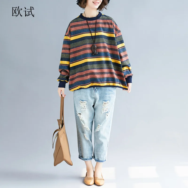

Women Long Sleeve Striped Hoodies Sweatshirt Spring Harajuku Kintted Pullover Ladies Sweatshirts Femme Casual Loose Tops 2020