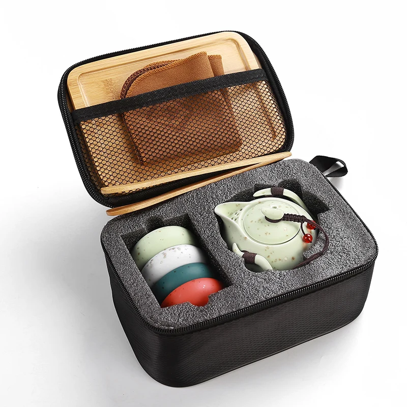  Travel Chinese Kungfu small tea set one pot four cups ceramic teapot cup bamboo tray portable bag J