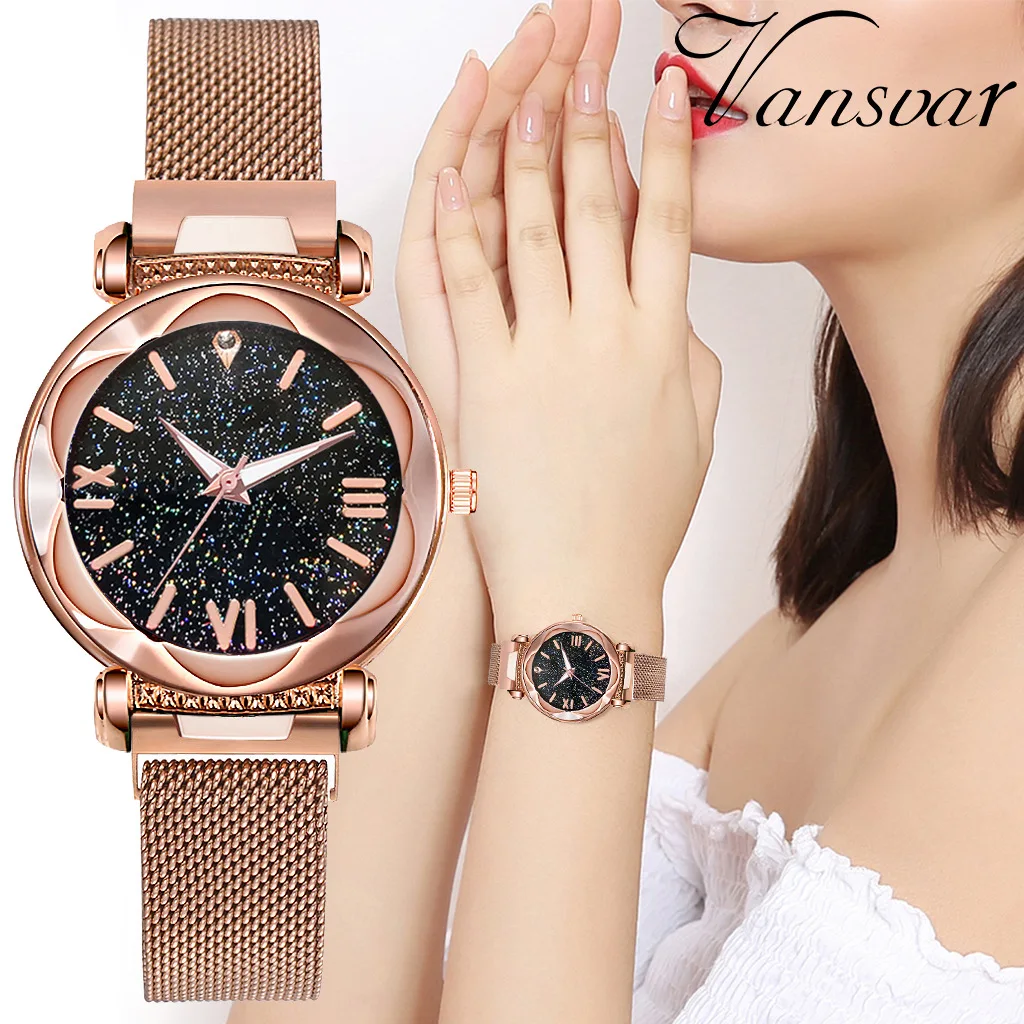 

Luxury Diamond Rose Gold Women Watch Fashion Ladies Starry Sky Magnetic Watch For Casual Mesh Steel Rhinestone Female Wristwatch