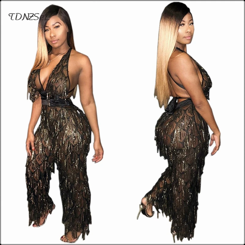 Women Sexy Sequin Mesh See Through Jumpsuit Bandage Backless Deep V Nightclub Erotic Party Tassel Glitter Transparent Rompers