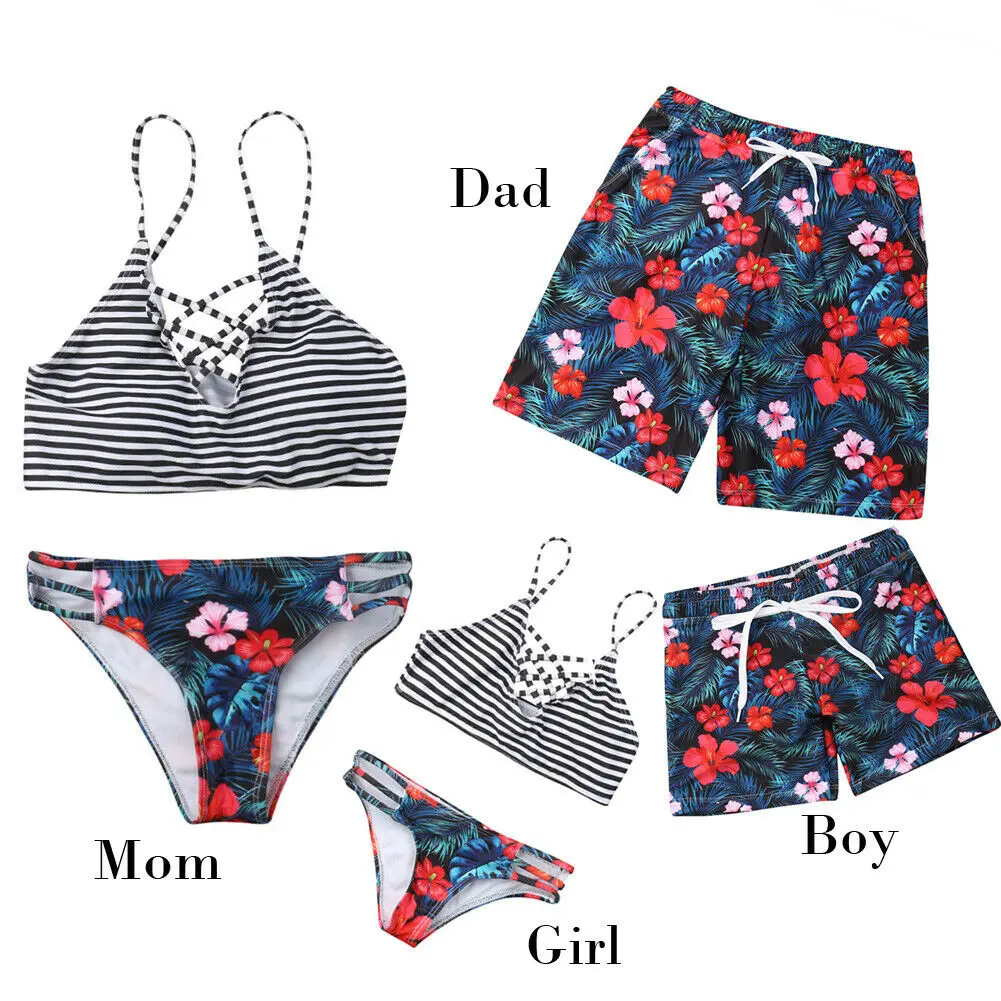 

2019 Brand New Family Matching Swimsuit Mother Father Girls Boys Floral Striped Print Bandage Swimwear Shorts Summer Beachwear