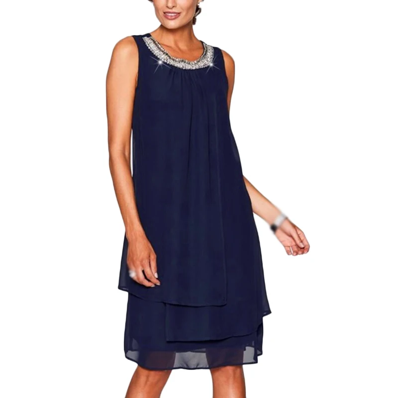

Women Sleeveless Round Neck Chiffon Sequins Irregular Cocktail Party Midi Dress