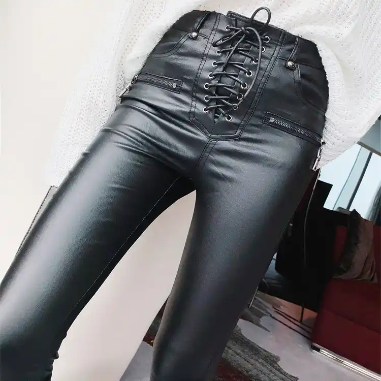lace up leather biker jeans
