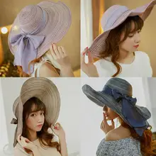 Женская летняя Солнцезащитная шляпа с бантом из ленты с широкими полями Складная морская пляжная кепка