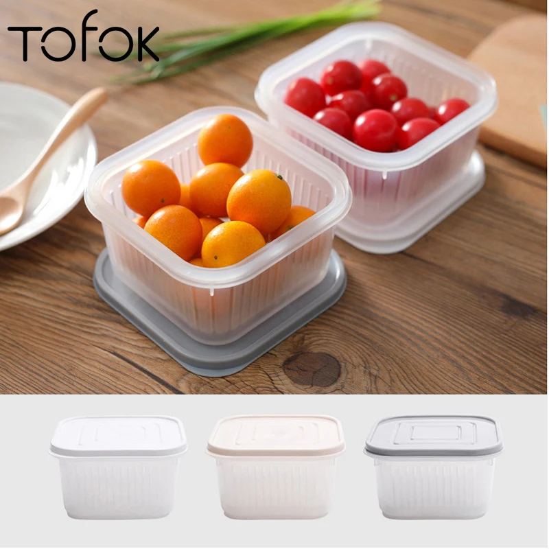 

Tofok PP Square Food Preservation Storage Box With Lip Double Layer Fruit Snacks Condiments Organizer Kitchen Draining Container