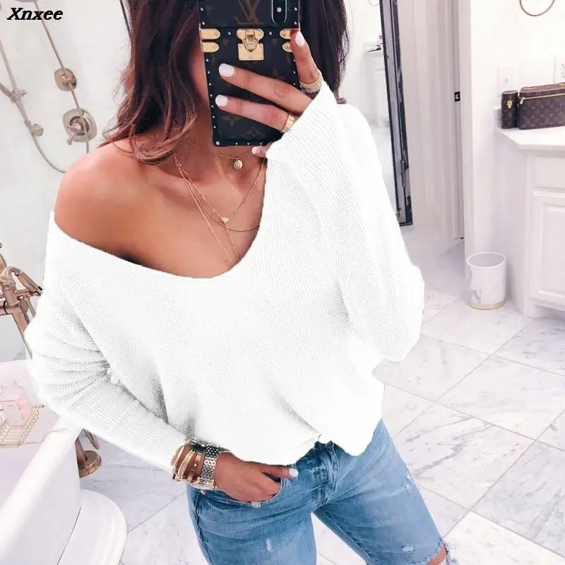 2019 Sexy V-neck Off Shoulder Sweater Women Casual Long Sleeve Solid Pullovers Female Spring Autumn Sweetwear Knitted Tops Xnxee