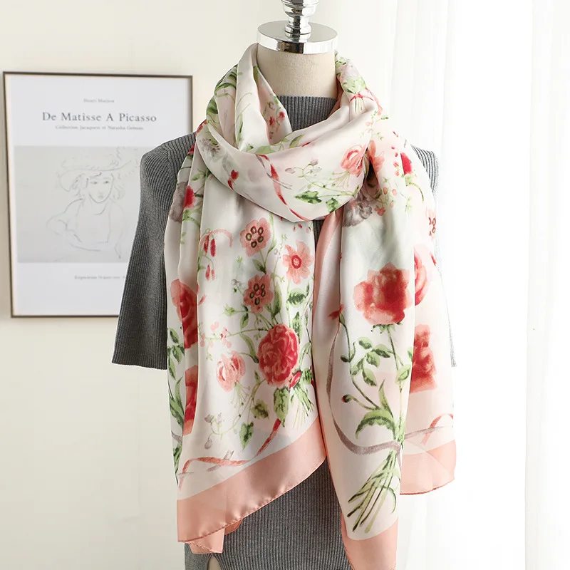 

2019 Spring Silk Scarf Women Luxury Brand Floral Print Pashmina Scarves Femme Summer Beach Shawls Foulard Ladies Head Hijab New