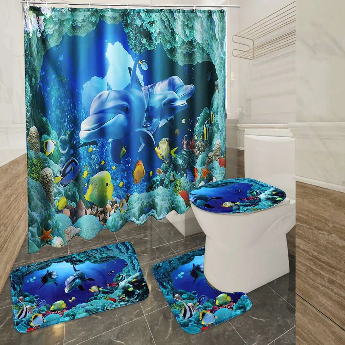 

180x180cm Shower Curtain Ocean Dolphin Summer Style Bathroom Curtain Decoration + Toilet Cover Floor Mat Set