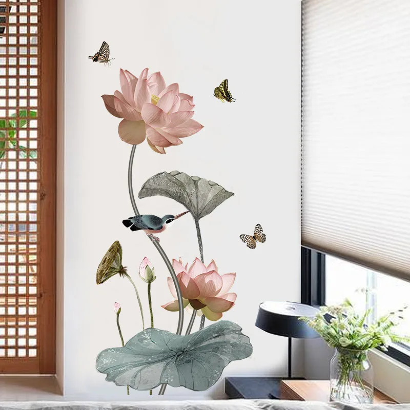 Китайский стиль цветок лотоса виниловые настенные наклейки в винтажном стиле плакат Ванная комната Спальня наклейки для домашнего декора Stikers Фреска для украшения дома
