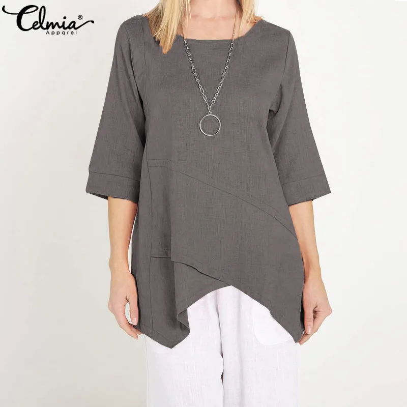 Celmia 2019 الصيف النساء خمر البلوزات زائد حجم غير المتكافئة تونك أعلى س الرقبة نصف كم فضفاض عارضة قميص Blusas Feminians Celmia 2019 الصيف النساء خمر البلوزات زائد حجم غير المتكافئة تونك أعلى س الرقبة نصف كم فضفاض عارضة قميص Blusas Feminians