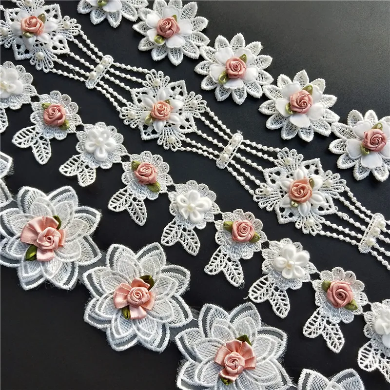 

Soluble White and Pink Flower Pearl Lace Trim Applique Trimming Ribbon Embroidered Fabric Sewing Craft Handmade Wedding Decor
