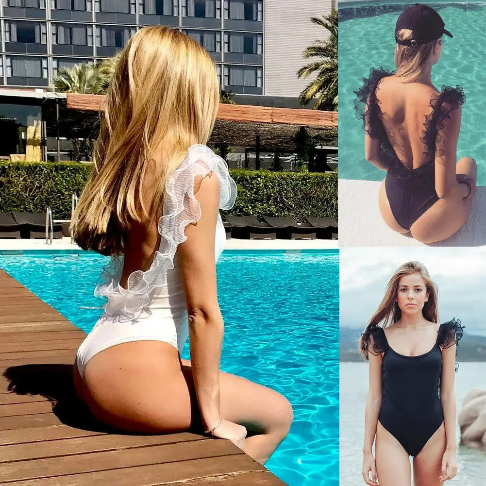 

One Piece Women Backless Swimsuit Petal Ruffles Mesh Sleeves Monokini Push Up Padded Bikini Bathing