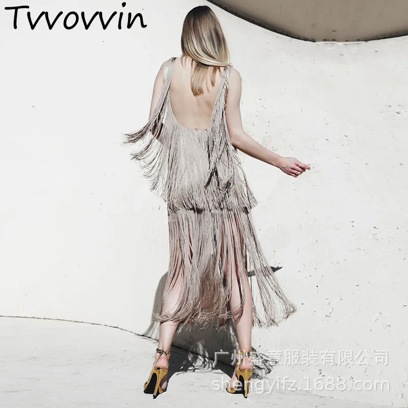 

2019 New Summer Fashion Straps Square Collar Tassels Cake Dress High Waist Backless Sexy Female Vestido E325