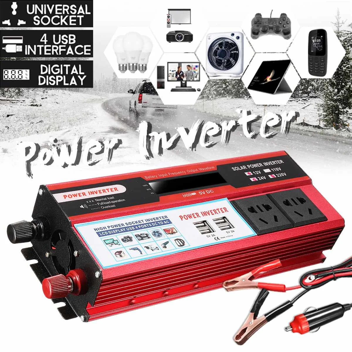 

Car Inverter 12V 220V 800W/2000W Pe ak Voltage Converter Transformer 12V/24V To 110V/220V Power Inverter For Car Battery