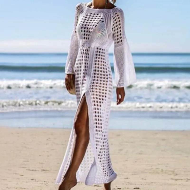 

Women Knitted Bell Sleeve Fishnet Dress Fashion Hollow Out Bikini Swimwear Cover Ups Crochet Beach Long Dress Side Split Dresses