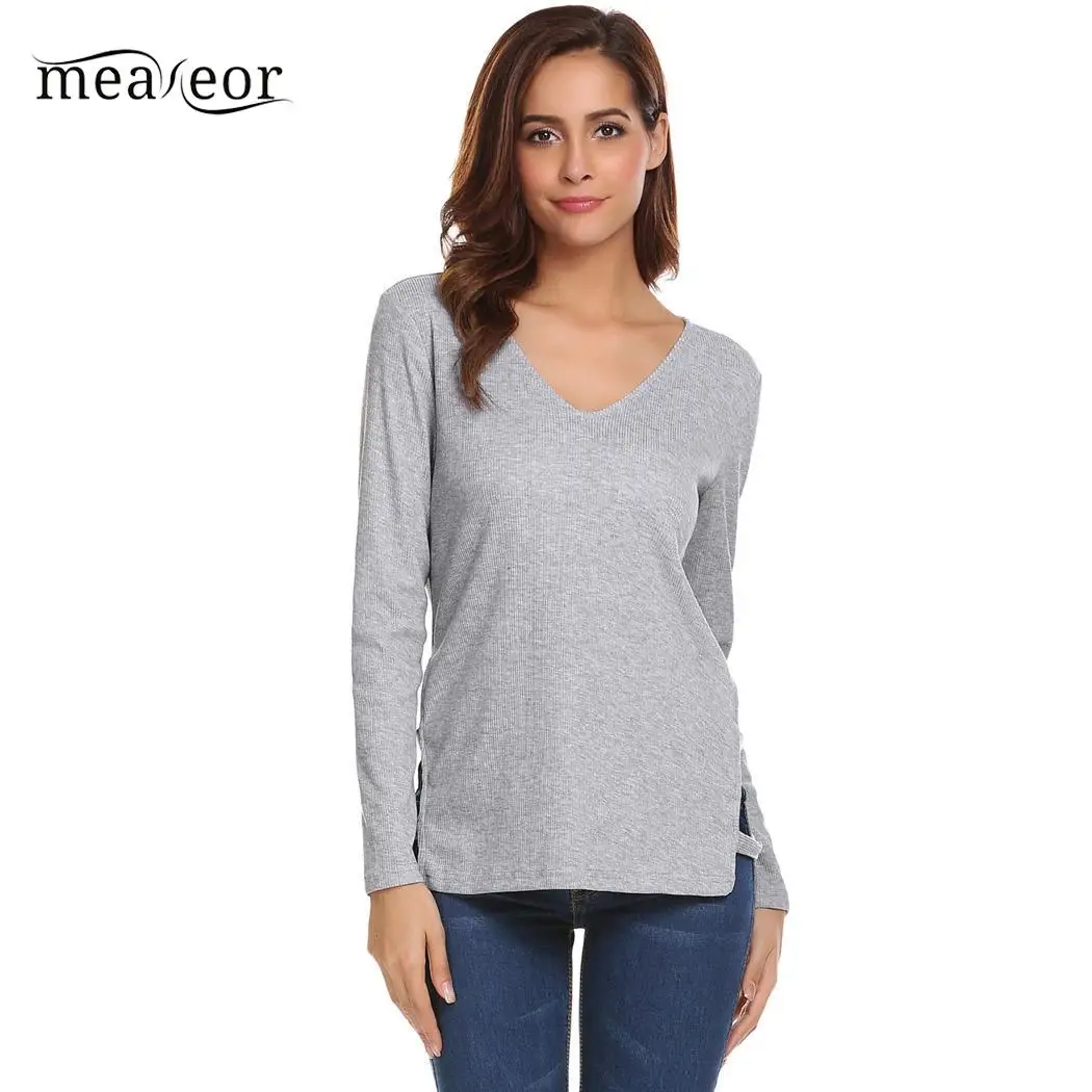 

Meaneor 2019 New V-Neck Sexy T Shirt Long Sleeve Ribbed Casual T-Shirt Slim Fit t-shirt Spring Female T shirt Women Clothing