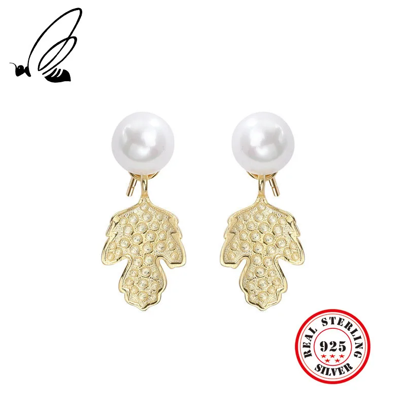 

925 Sterling Silver Golden Leaves Stud Earrings For Women Light Luxury Pearl Earrings Elegant Fashion Jewelry Gift Free Shipping