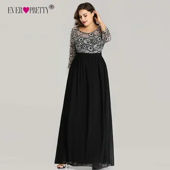 

Plus Size Prom Dresses Ever Pretty EZ07688 Long 2020 A-line O-neck Lace Long Sleeve Chiffon Winter Black Elegant Robe De Soiree