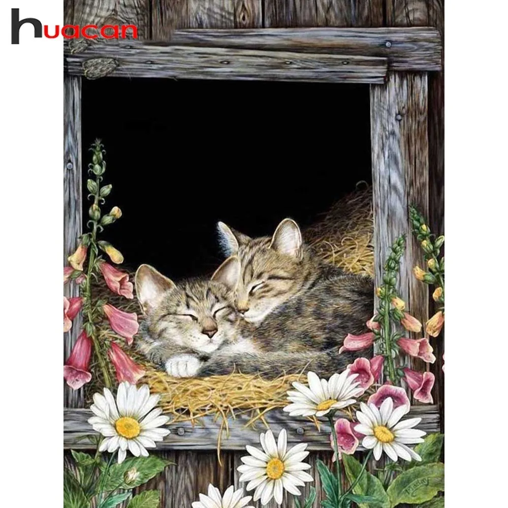 

Huacan Diamond Painting Animal Rhinestones Pictures Mosaic Flower Full Square Drill Tools Diamond Embroidery Cat Decoration