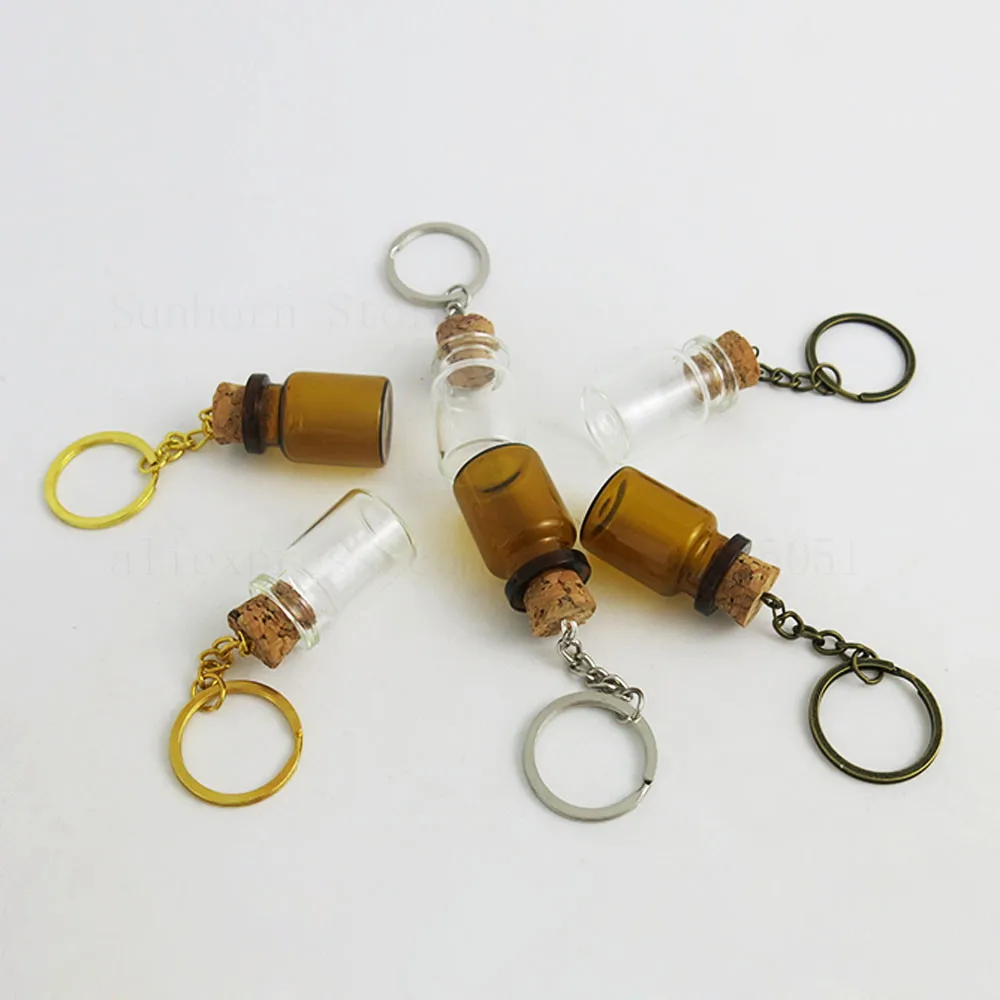 

5ml 6ml 7ml 8ml Transparent Amber Glass Bottle Key chain Pendant Perfume Dispensing Small Cork Vial Bottle Keychain 500pcs