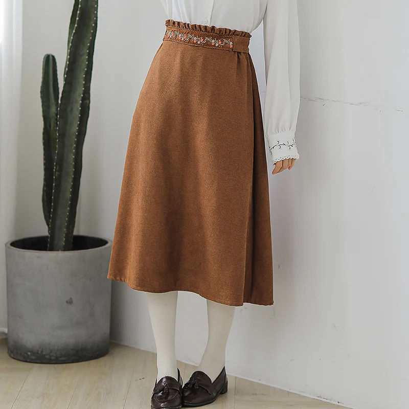 Japan Style Literature Embroidery Midi Skirts Spring Autumn Women High