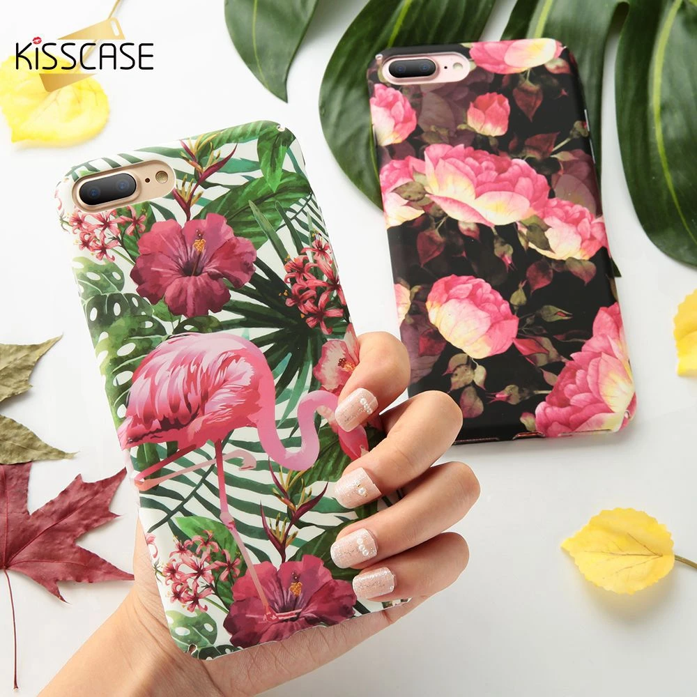 KISSCASE الفني ورقة حقيبة لهاتف أي فون 7 8 زائد زهرة نمط الصلب PC حقيبة لهاتف أي فون X XS ماكس XR 6 s 6 7 زائد الهاتف غطاء فوندا