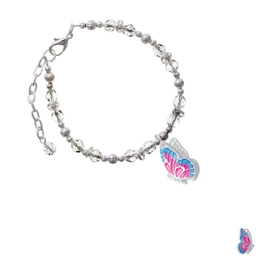 Silvertone Large Translucent Hot Pink &amp Blue Flying Butterfly Clear Beaded Bracelet |