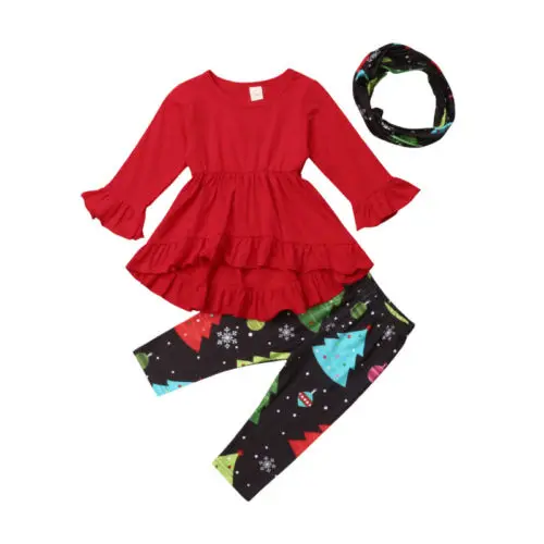 

Newborn Toddler Kids Baby Girl Clothing Christmas Ruffle Tops Pants Scarf Cute 3Pcs Outfits Clothes Baby Girls 6M-5T