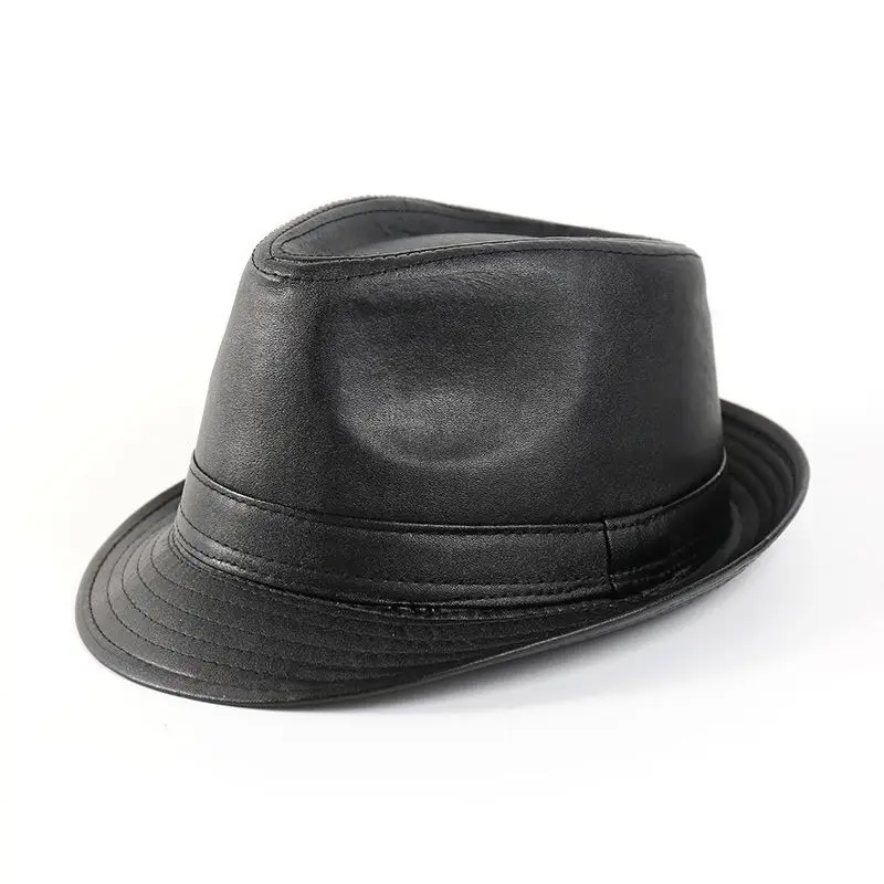 

PU Leather Fedora Hats Vintage Jazz Cap, Cowboy Gentleman Bowler Short Brim Floppy Trilby Panama Hat Hip Hop Black Cap Men Women